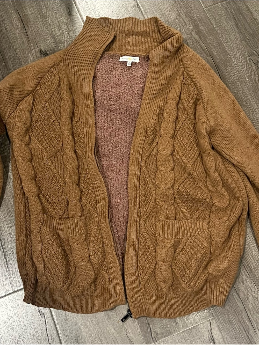 Woven Heart Cable-Knit Zip Cardigan - Camel Brown